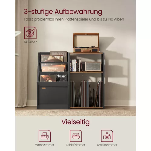 Raft pentru viniluri, 3 niveluri, maro rustic, 140 albume