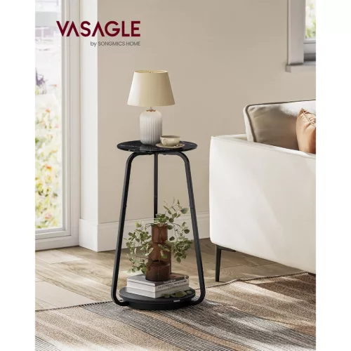vasagle-masuta-depozitare-rotunda-2-niveluri-cu-blat-din-sticla-model-marmura-neagra