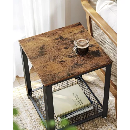 vasagle-masa-consola-cu-raft-din-plasa-metalica-maro-rustic-45x45x55cm