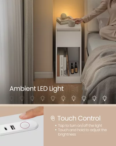 Noptieră cu priză USB, iluminare LED, albă 40x30x50cm