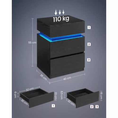 Noptieră cu iluminare LED, 3 sertare, neagră 35x40x55cm