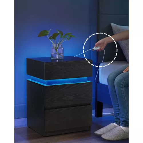 Noptieră cu iluminare LED, 3 sertare, neagră 35x40x55cm