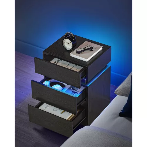 Noptieră cu iluminare LED, 3 sertare, neagră 35x40x55cm