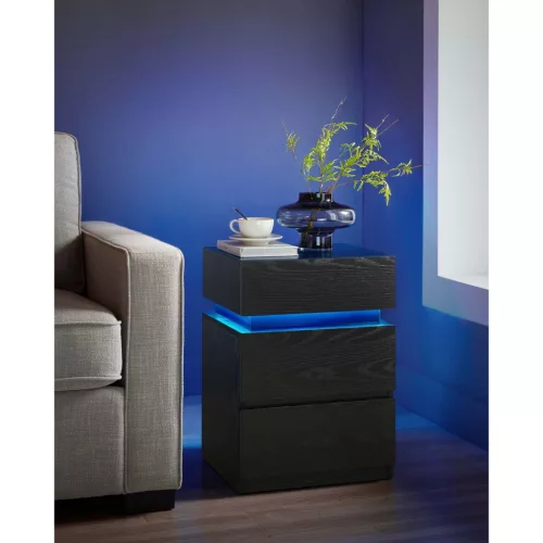 Noptieră cu iluminare LED, 3 sertare, neagră 35x40x55cm
