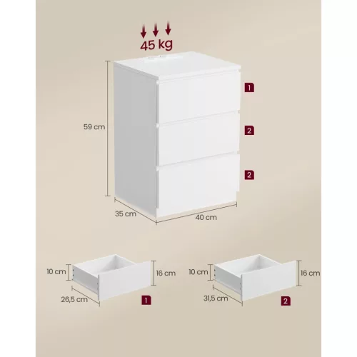 Noptieră cu 3 sertare, 2 prize încorporate, 2 porturi USB