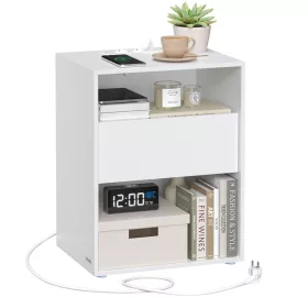 Noptieră, cu sertare, mufă USB, modernă, albă 40x30x50cm