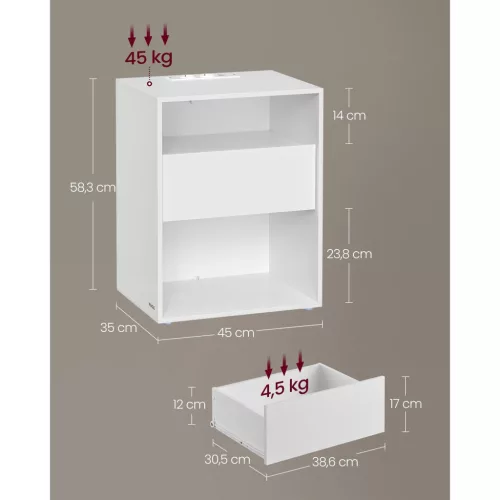 Noptieră, cu sertare, mufă USB, modernă, albă 40x30x50cm
