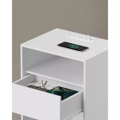 Noptieră, cu sertare, mufă USB, modernă, albă 40x30x50cm