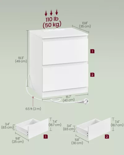 2 noptiere, cu sertare, mufă USB, alb nor 40x35x60cm