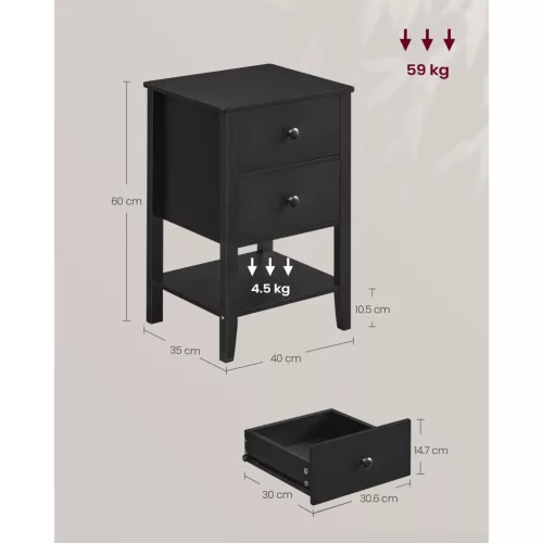 vasagle-2-buc-noptiera-din-bambus-masuta-depozitare-2-sertare-negru-40x35x60cm
