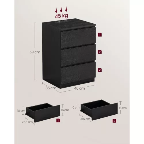Noptieră, cu 3 sertare, 2 porturi USB, modernă, negru eben, 40x35x59 cm