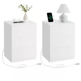   2 noptiere, cu sertare, moderne, cu mufă USB, albe 40x30x50cm