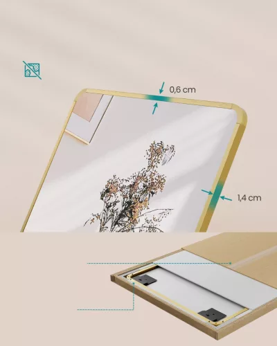 Oglindă înaltă, dreptunghiulară, cu suport, ramă din aluminiu, auriu deschis