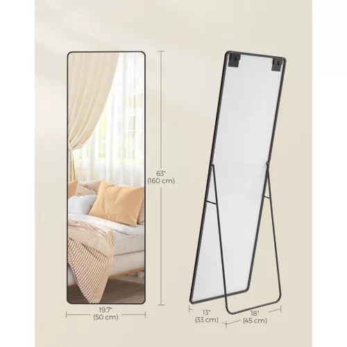 Oglindă înaltă, dreptunghiulară, cu suport, ramă din aluminiu, neagră