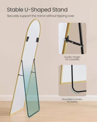 Oglindă înaltă, curbată, cu suport, ramă din aluminiu, auriu deschis