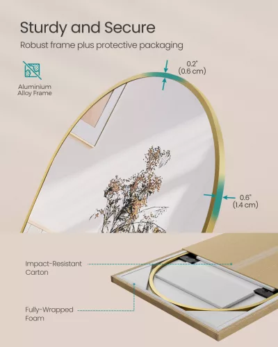 Oglindă înaltă, curbată, cu suport, ramă din aluminiu, auriu deschis