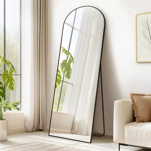 Oglindă înaltă, curbată, cu suport, ramă din aluminiu, neagră