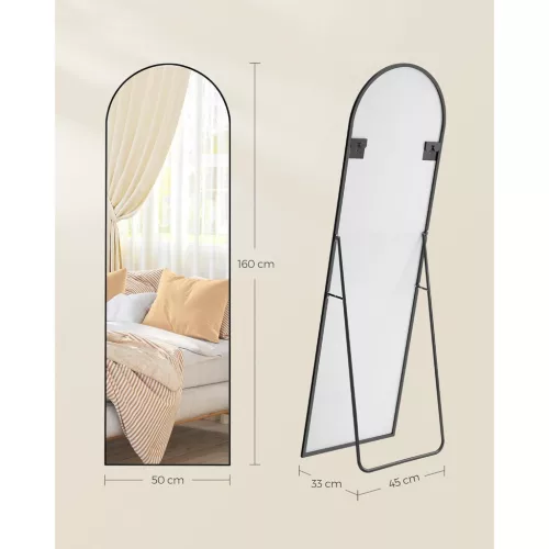 Oglindă înaltă, curbată, cu suport, ramă din aluminiu, neagră