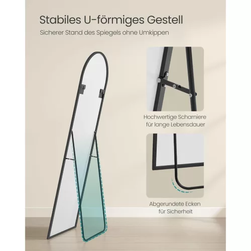 Oglindă înaltă, curbată, cu suport, ramă din aluminiu, neagră