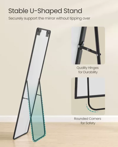 Oglindă înaltă, dreptunghiulară, cu suport, ramă din aluminiu, neagră