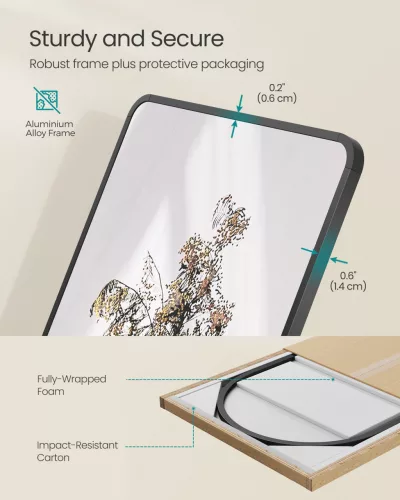 Oglindă înaltă, dreptunghiulară, cu suport, ramă din aluminiu, neagră