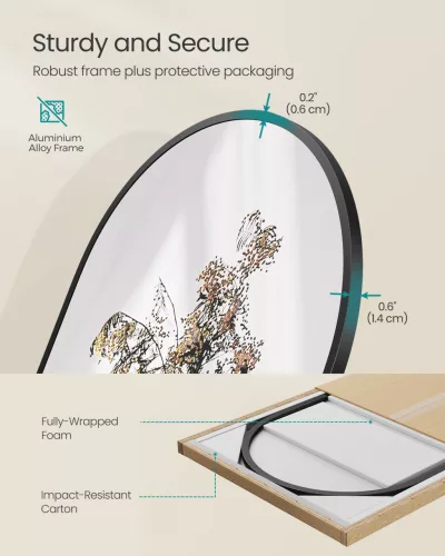 Oglindă înaltă, curbată, cu suport, ramă din aluminiu, neagră