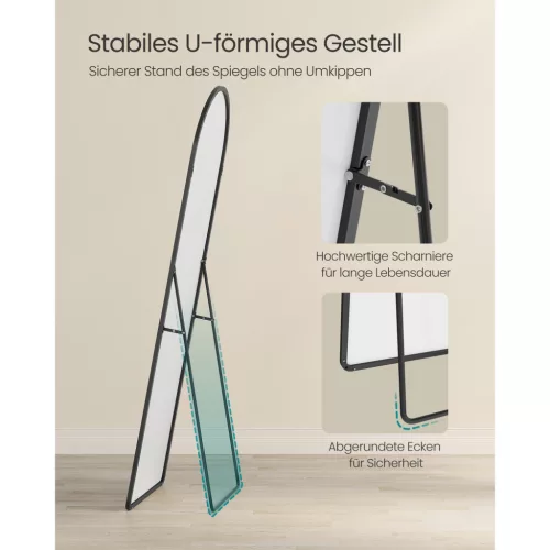 Oglindă verticală, curbată, cu ramă din aluminiu, negru mat, 160 x 50 cm