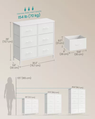 Dulap de depozitare cu 6 sertare din textil, dulap, alb și gri deschis 76.7x30x73.7 cm