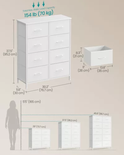 Dulap de depozitare cu 8 sertare din textil, dulap, cadru din oțel, alb nor 76.7 x 30 x