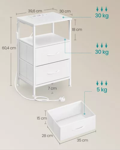 Noptieră cu încărcător încorporat, iluminare LED, alb nor 40x35x60cm