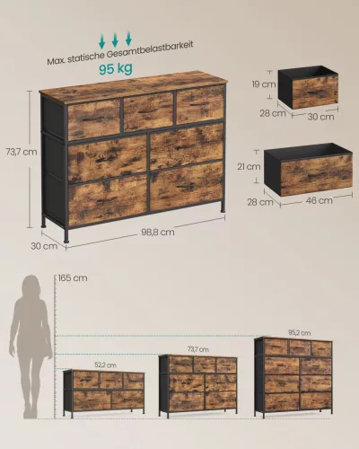 Dulap de depozitare cu 7 sertare din textil, dulap de haine, cadru din oțel, maro rustic