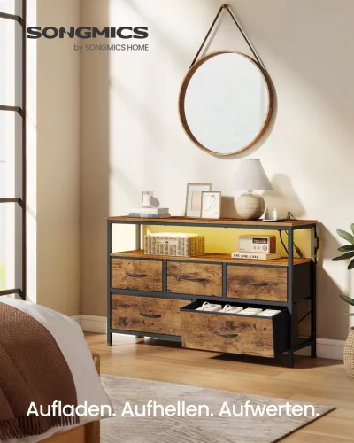Dulap de depozitare cu sertare din textil, iluminare LED ajustabilă, maro rustic 30 x 68