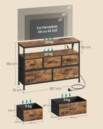 Dulap de depozitare cu sertare din textil, iluminare LED ajustabilă, maro rustic 30 x 68