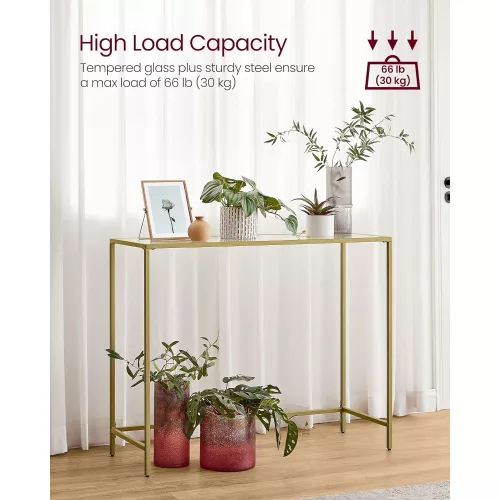 vasagle-masa-consola-cu-cadru-metalic-blat-din-sticla-securizata-auriu-100x35x80cm