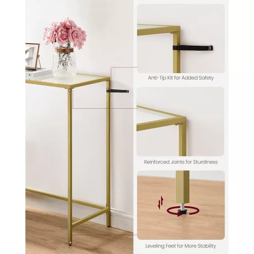 vasagle-masa-consola-cu-cadru-metalic-blat-din-sticla-securizata-auriu-100x35x80cm