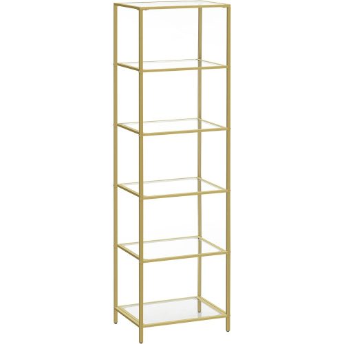 vasagle-raft-de-depozitare-metalic-cu-rafturi-din-sticla-6-niveluri-auriu-40x30x177cm