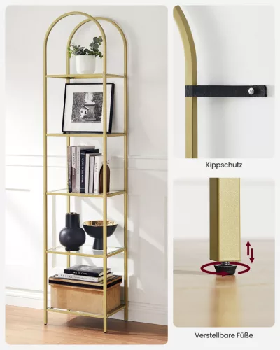 Raft, 5 niveluri, raft din sticlă curbată, structură din metal, auriu și transparent,