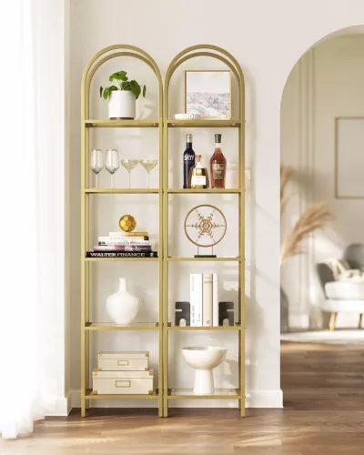 Raft, 5 niveluri, raft din sticlă curbată, structură din metal, auriu și transparent,