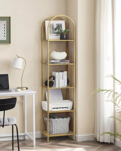 Raft, 5 niveluri, raft din sticlă curbată, structură din metal, auriu și transparent,