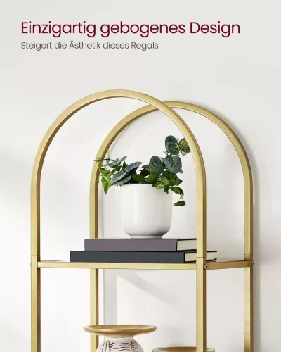 Raft, 5 niveluri, raft din sticlă curbată, structură din metal, auriu și transparent,
