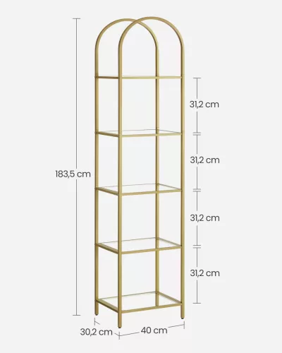 Raft, 5 niveluri, raft din sticlă curbată, structură din metal, auriu și transparent,