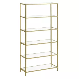 vasagle-raft-de-depozitare-metalic-cu-rafturi-din-sticla-6-niveluri-auriu-80x30x176cm