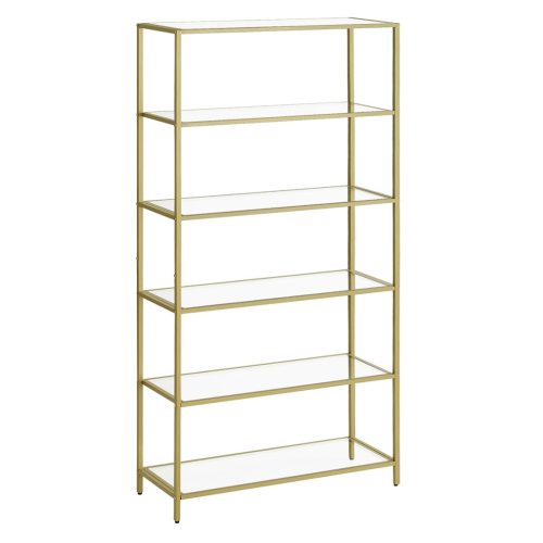 vasagle-raft-de-depozitare-metalic-cu-rafturi-din-sticla-6-niveluri-auriu-80x30x176cm