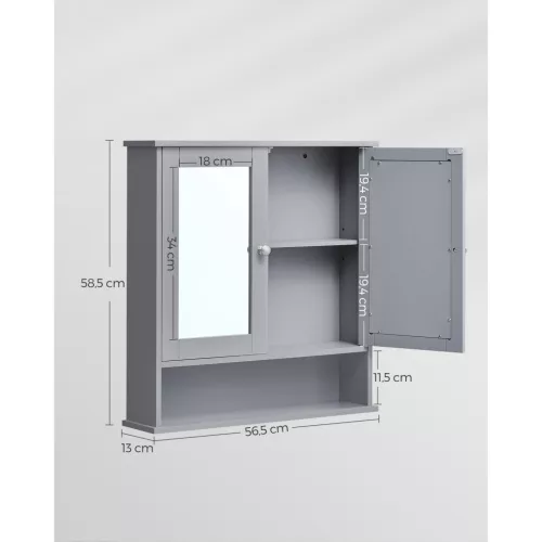 Dulap de baie cu oglindă, suspendat, raft reglabil, gri, 56.5 x 13 x 58.5 cm