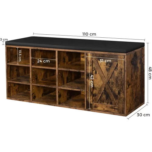 vasagle-bancheta-depozitare-pantofi-cu-9-compartimente-si-dulap-maro-rustic-110x30x48cm