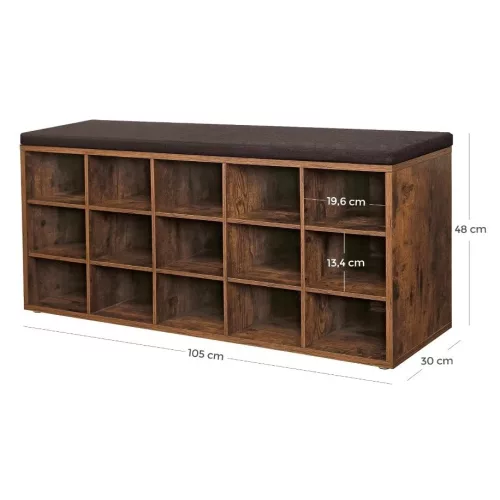 Banchetă depozitare pantofi, cu șezut, 15 compartimente deschise, maro rustic, 105 x 30