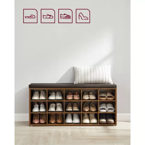 Banchetă depozitare pantofi, cu șezut, 15 compartimente deschise, maro rustic, 105 x 30