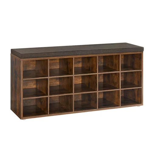 Banchetă depozitare pantofi, cu șezut, 15 compartimente deschise, maro rustic, 105 x 30