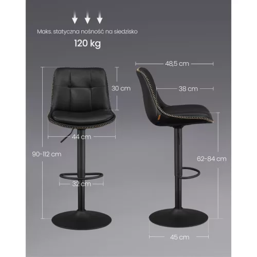 Scaun de bar, înălțime reglabilă, cu tapițerie PU, negru, 43 x 48 x 93-114 cm