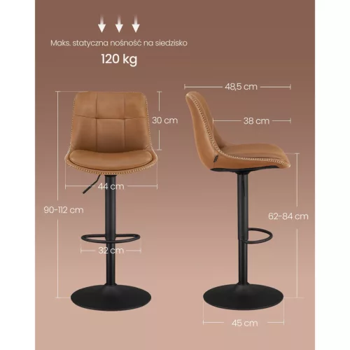 Scaune de bar 2 buc, husă din piele ecologică cusută, cu spătar, reglabil, maro, 44 x